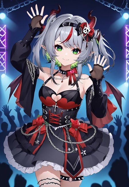 safe_pos, 1girl, solo, solo focus, highres, absurdres, FrootVampIdol, green eyes, multicolored hair, streaked hair, demon horns, bangs, grey hair, red hair, hair ornament, pointy ears, black hairband,

demon wings, cleavage, black dress, bow, clothing cutout, flower, red rose, jewelry, spiked choker, bare shoulders, detached sleeves, fingerless gloves, chain, corset, thigh strap,

looking at viewer, smile, closed mouth, head tilt, hands up, arms up, waving,
 
concert, neon lights, stagelight, glowstick, night, night sky, dark,