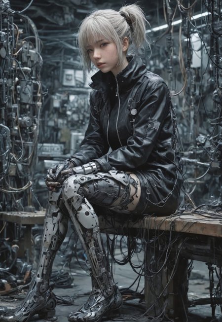 Blame! by Tsutomu Nihei cyber girl is sitting on a bench in a factory, cables and tubes everywhere, patterns, easynegative, ng_deepnegative_v1_75t