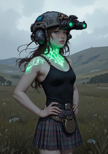 detailed digital art of upper body shot of young woman wearing n0ds on head attached to the front of the headpiece dual-tube horizontally aligned cylindrical lenses attached to the front in matching housing of the high tech military helmet with integrated hearing protection , A woman in a traditional Scottish kilt, standing on a misty moor. She wears a modern military helmet with a matte grey finish, the surface weathered and worn. The helmet is fitted with two night vision gogglesâlong black tubes with glowing green lensesâthat sit above her eyeline, ready to be flipped down. The helmetâs communication device is integrated into the sides, with small, durable wires that trail down to her neck. She stands with her hands on her hips, the wind whipping her kilt around her legs. The moor stretches out around her, the rolling hills shrouded in mist. The green glow from the goggles contrasts with the grey tones of the landscape, adding a surreal, almost otherworldly element to the scene. Her expression is one of determination, as if she is preparing for a journey into the unknown., at night, luminescent green bio ink designs on her exposed skin on her neck and arms, (bio ink:0.85)<lora:n0ds_epoch_23.safetensors:1.0:1.0> <lora:BioInk2FLUX.safetensors:0.85:0.85>