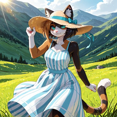masterpiece, best quality, newest, absurdres, highres, furry, perfect anatomy, K4w4,1girl,solo,furry,furry female,cat girl,short hair,multicolored hair,cat ears,aqua eyes,slit pupils,snout,animal nose,whiskers,body fur,two-tone fur,cat tail,striped tail, hills, grass, sunny, windy, striped dress, black and white dress, white sun hat, sunshine, beautiful, looking off,