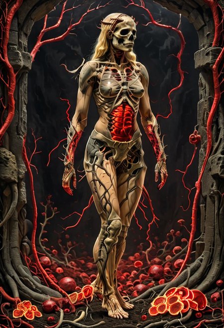 human anatomy cross-sections layers, skin peeled revealing female doom slayer blood petals musculature, femalebonedemon
 lush scarlet red hellscape, hellfire, fiery organ systems, demonic neural network harsh spikes composing bone structures, intricately detailed vascular vegetal networks, intertwining roots vine musculature, vibrant jewel-toned black spikes pistils stamens bloodied viscera, verdant emerald moss creeping skin textures, life sprouting from earthy interior, Doomguy(female) soviet poster, all written in soviet style posters, full body,