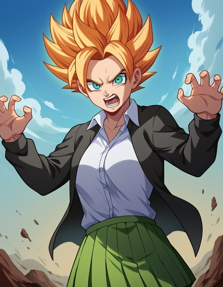 score_9, score_8_up, score_7_up, source_anime, <lora:super-saiyan-ponyxl-lora-nochekaiser:1>, super saiyan, spiky hair, aura, open mouth, closed hands, shouting, breast, 
<lora:nnakano-s2-ponyxl-lora-nochekaiser:1>, 
skirt, shirt, long sleeves, white shirt, pleated skirt, open clothes, collared shirt, sleeves past wrists, dress shirt, cardigan, green skirt, open cardigan, black cardigan,
wasteland, sky, blue sky, clouds,, cowboy shot, dutch angle, looking at viewer,