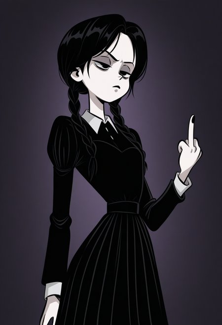 kricfalusistyle, masterpiece, best quality, solo,                                                                                                                        wednesday addams, black hair, black dress, unimpressed, middle finger, 