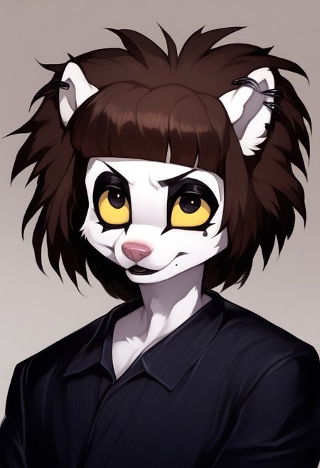 score_9, score_8_up, score_7_up, score_6_up, solo, anthro furry fyrry male ferret, brown hair, blunt bangs, black eyes, yellow sklera, eyeliner, black lips, mole, pale, portrait <lora:Trad_Goth_test:1.5> <lora:[GP] somethingweird [Pony XL]:1>