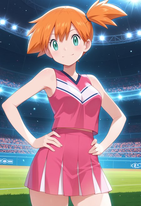 masterpiece, best_quality, amazing_quality, ,11girl, solo, looking_at_viewer, misty_\(pokemon\), orange_hair, side_ponytail, 1dawncheer, sleeveless, pink_shirt, pink_skirt1smile111, stadium, standing,hands_on_hips