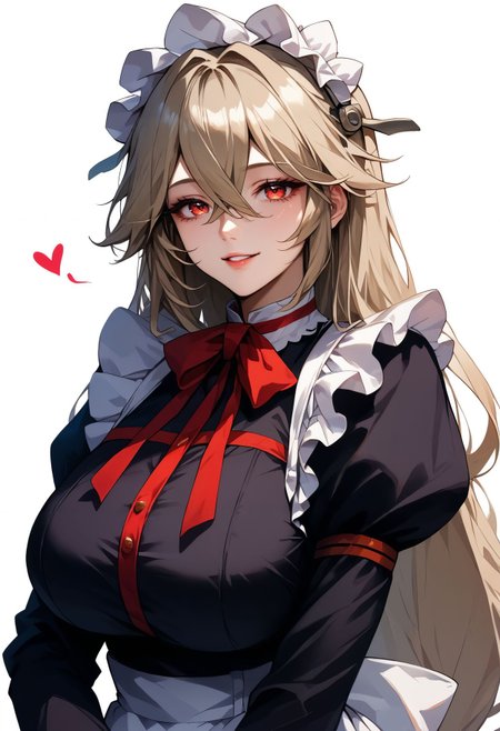 score_9,score_8_up,score_7_up,score_6_up   alexandrina-zzz, 1girl,red eyes, breasts, solo, long hair, maid headdress, white background, maid, huge breasts, apron, heart, long sleeves, simple background, hair between eyes, looking at viewer, puffy sleeves, bangs, very long hair, frills, dress, smile, parted lips, black dress <lora:alexandrina_sebastiane_pdxl_v1:0.8>