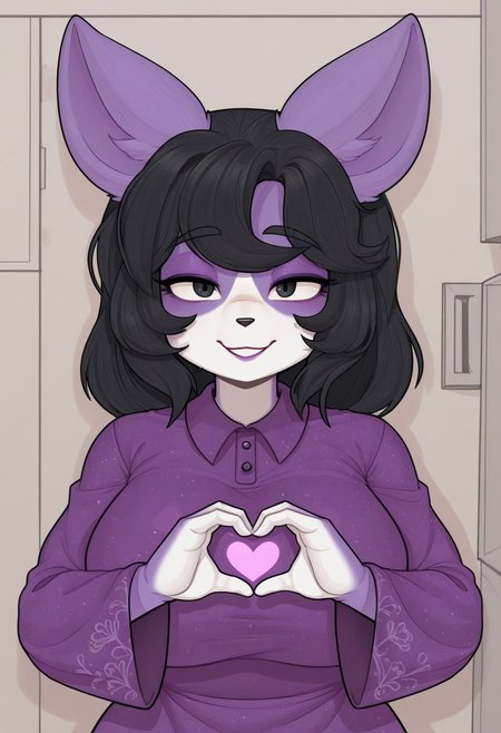 sajji,  1girl, solo, medium build, medium hair, sfw, safe for work, covered skin, flowy dress,  black eyes, purple lipgloss, smiling, portrait, upper body, heart hands, foreshortening, detailed, newest, furry female, furry, anthro