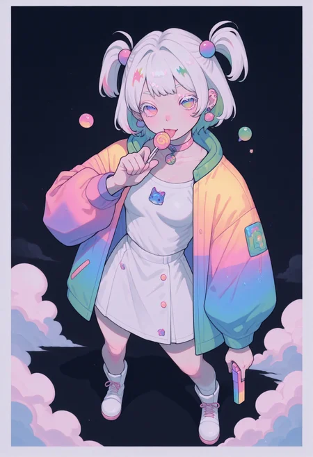 8k, 4k, masterpiece, vibrant colors, best quality, ultra detailed, highly detailed, hyper-detailed,
(from high above,  fish eye),
rainstorm,
(clothes and hair blown strongly by the wind, disheveled hair),
BREAK
full body ,
dynamic  portrait of stunning girl pointing pistol at viewer, heroic pose, short bangs, multicolored white hair, bobcut hair,
pastel cyan eyes, choker, hair over one eye,
small breasts, ear pierces,
ultra detailed decorative victorian gossamer clothes, over sized holographic color hazard jacket,
white short boots,
dark noisy pastel gradient green abandoned park background (with extremely thick white border on all four sides ),
half closed eyes, unfocused eyes,
emotionless, looking away, white thick eyelashes,
(licking a lollipop), pointing orange  multicolored pistol at viewer, dramatic perspective,
thick clouds in background,
,
holographic color highlights, backlight,
eye_focus, g0thic, qxys, neon, [[[[flowing hair]]]], Flatline, haiz_ai,
gyuing_illu, chromatic aberration,
<lora:eye_focus:0.35>
<lora:holographiccolor:0.66> <lora:TrendCraft_The_Peoples_Style_Detailer-v1.0A-3_13_2025-illustrious:0.125>
<lora:flatline:1.25>
<lora:gyuing666:0.75>   <lora:PetraStyle:0.8>