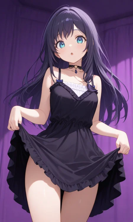 aiba uiha, uiha blkdrs, long hair, black dress, sleeveless, choker, 1girl, solo, :o, cowboy shot, looking at viewer, skirt lift, purple room, masterpiece, 