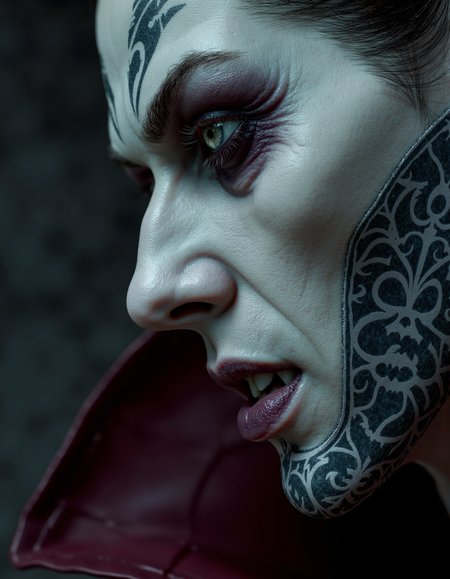 zavy-vmpr, Extreme close-up of a face in side profile, a gothic vampire with intricate silver filigree tattoos tracing his jaw and neck, a piercing gaze that blends seduction and menace, captured in a chiaroscuro style emphasizing dramatic shadows and highlights, a rich palette of deep burgundy and midnight blue with hints of iridescent silver.