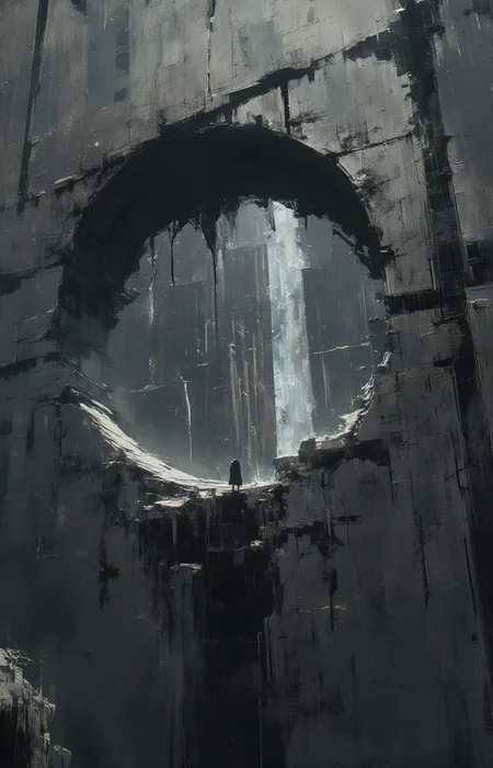 digital art,  a large imposing structure with a large circular hole in its center. A lone figure stands at the edge of this hole looking into the void. The structure's surface is textured with a pattern resembling old weathered stone or brickwork. The overall tone of the image evokes feelings of mystery solitude and perhaps introspection <lora:MJanime_Flux_LoRa:1> <lora:- Flux1 - the_edgy_mech_V1.0-step00003400:.4>