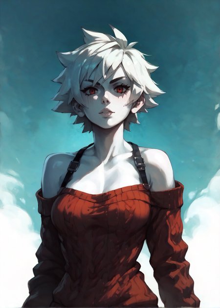 white skins, spiky red short tomboy hair, neutral expression, tight sweater, <lora:NAHIRI:1> nahiri, 1girl, solo, short hair, breasts, bare shoulders, white hair, colored skin,  <lora:RD-MAnon-XLV1.1:1>  female,, source_anime, score_9_up,  score_7_up, score_8_up