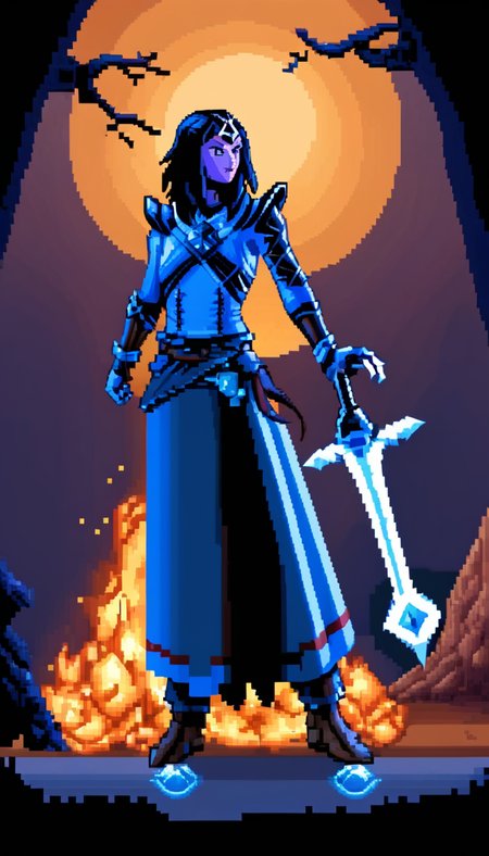 pixel-art Cinematic scene, hero view, d4s sorceress, action pose, detailed background, masterpiece, best quality, high quality, absurdres <lora:diablo_4_sorceress_v0.0.2:1> . low-res, blocky, pixel art style, 8-bit graphics