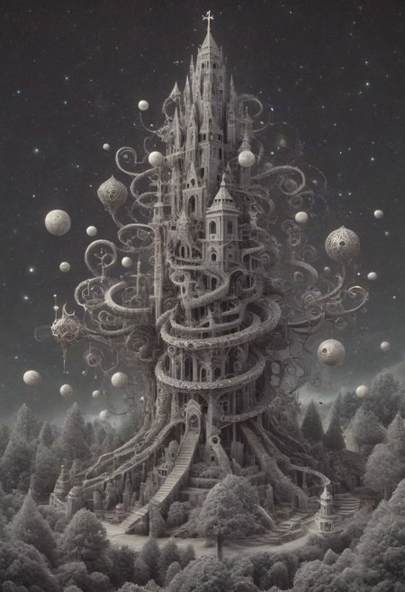 an intricate tower, mythical serpent wrapped around tower, (negative space, layer, sigils). orbs and moons, forging cluster astral keys, tetrahedral trees, (three planes), OverallDetail