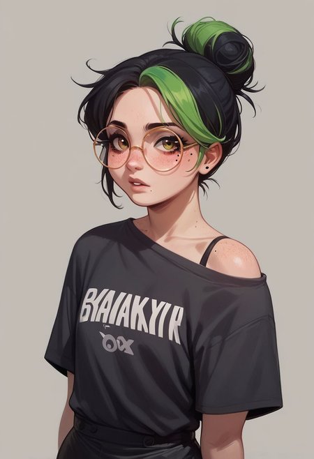 score_9, score_8_up, score_7_up, 1woman, anime, hentai, official art, break mixxxed, green black multicolored hair,  freckles,mole, hair bun, round eyewear, break, twerking, live on twitch, banned, simple background, gamer room, onlyfans