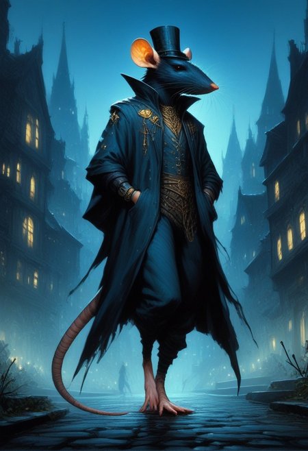 BREAK score_9, score_8_up, score_7_up,  night time, city, ominous, rat, top hat, cloak, smug, hands in pockets, gold ring, pocket watch, walking cane, full body shot, (one tail: 1.5)
(masterpiece, best quality, ultra detailed, intricate details:1.2), (detailed face:1.1), (rat folk:1.5) <lora:RPGRatFolkXL:1>