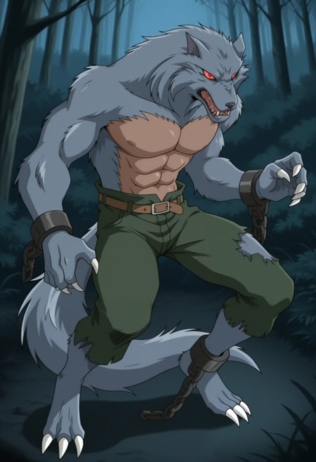 masterpiece,best quality,amazing quality, 1boy, solo, z0mb13W, werewolf, grey fur, colored sclera, brown chest, broken handcuffs, single broken leg shackle, green pants, brown belt, full body, tail,