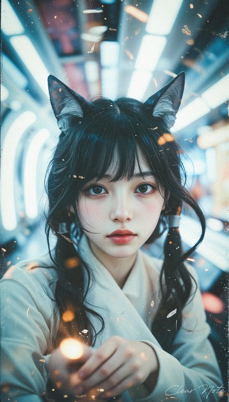 Neo Photorealistic Art Style, A Japanese girl with long fox ears and flowing black hair stands in cutting-edge white couture. Against a futuristic, intricate white backdrop, she embodies surreal Neo-Japan elegance, merging avant-garde fashion with ethereal minimalism.