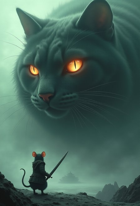 a striking and surreal scene that combines elements of both the natural world and fantasy. Dominating the composition is a massive cat filling almost the entire frame. The cat is highly detailed, with a slit-like pupil that suggests it belongs to a large, powerful creature, perhaps a giant cat or another mythical being. In the lower portion of the image, a solitary anthro rat figure stands before the cat, dressed in a warrior armor and holding sword. The figure is tiny in comparison to the colossal cat, emphasizing the vast difference in scale and power between the two and looks like final boss fight. The rat stands on a surface that appears to be water or mist, which reflects the eerie, otherworldly light that surrounds the scene. The atmosphere is misty and dreamlike, adding to the sense of mystery and awe. Overall, the image is both dramatic and thought-provoking, blending cultural elements with a fantastical imagination to create a visually captivating scene.