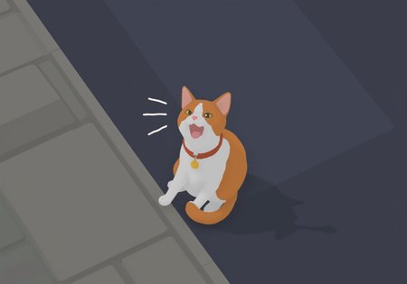 overhead perspective g00se art with smooth textureless style with muted pastel palette of a tabby cat with its mouth open meowing with sound lines on a city street at night<lora:g00se.safetensors:1.0:1.0>
