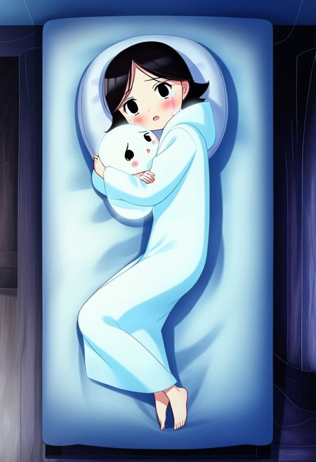zPDXL3, source_cartoon, Perfect Hands, full body,
1girl, solo, bedroom, looking at viewer, saoirse, black hair, black eyes, blush, ghost, hood up, robe, barefoot, glowing, lying on bed, from above, lying on side, facing at viewer, feeling cold, eyes open, crying sadly, open mouth, sleeve past wrist, slim body, long body, highlight cloth wrinkle, anime style, hugging a shell,
<lora:Perfect Hands:1>  <lora:Saoirse_-_The_Song_of_the_Sea-000009:1>