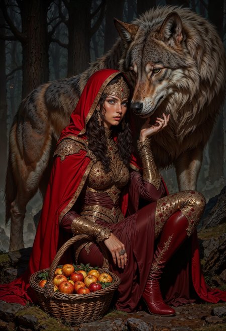 Highly detailed and dramatic digital artwork featuring a fantasy scene set in a misty forest. The layout is vertical, focusing on a young woman with fair skin and long, dark hair, wearing a red hooded cloak and a matching dress with intricate lace details. She is seated on the forest floor, leaning against a large, realistic wolf with a thick, gray fur coat. The woman's expression is serene, and she holds a basket filled with bright orange apples. The background is filled with tall, shadowy trees, creating a mysterious and enchanting atmosphere. The overall color palette is rich and earthy, with deep reds, browns, and greens, enhancing the fairy tale theme of the image. <lora:FluxMythV2:0.6> <lora:ck-painterly-fantasy:0.6> <lora:flux.1_lora_flyway_Epic-detail_v2:0.5> <lora:RetroAnimeFluxV1:0.7>