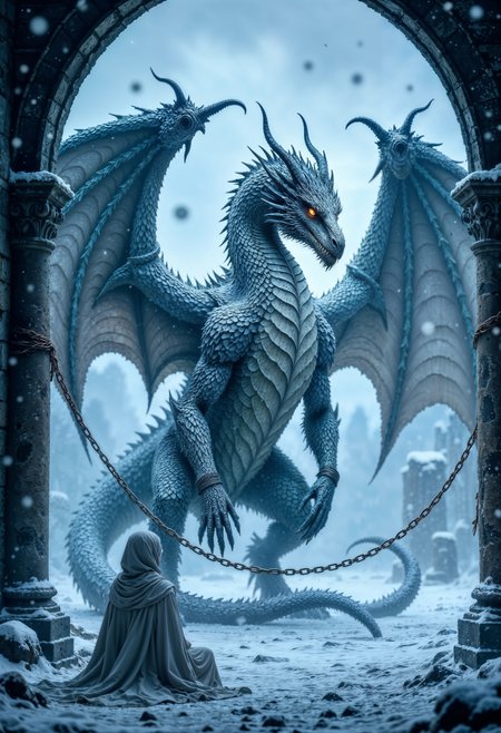 a massive ancient white dragon lying in a snowy ruin, wings torn and bound in magical chains, a kneeling girl in a white cloak before it, cold and tragic fantasy, blizzard atmosphere, blue-white icy palette, dramatic lighting, highly detailed scales and snow particles, mythical reverence