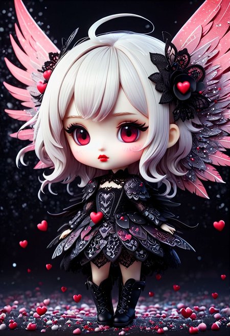 beautiful hyper detailed whimsical 35 k ultra realistic hyper detailed beautiful dark chibi fairy, hyper detailed perfecteyes, shadow woman red lips graphic, dark intricate wings on back, black lace dress, black boots, in the style of Charlie Bowater, nicoletta ceccoli , dark  Whimsical, Detailed Fantasy, black lace Background pattern with tiny  3d red and pink hearts, Glitter, White Thorns, Muted Colors, Explosion, Intricate Extremely Detailed, Hyperdetailed, style of monica lee, Hgonzag, Camilla d'Errico Diego Gisbert,Winter wonder land art art, Masterpiece, trending on artstation, featured on pixiv, cinematic composition, 8K