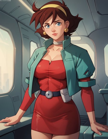 score_9, score_8_up, score_7_up,score_6_up, score_5_up, score_4_up ,
1girl, solo,
Large breasts,
rainmDG,
short hair, blue eyes, brown hairs,
open jacket, open clothes, short dress, red dress, hairband,
 looking at viewer, 
science fiction, spacecraft interior, 
 <lora:Rain Mikamura DG PXL v01-000003:1>