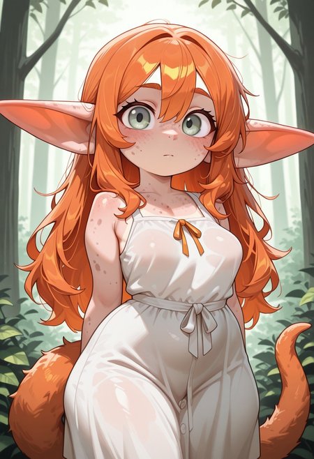 masterpiece, best quality, amazing quality, very aesthetic, solo, upper body,
goblin, short stature, shortstack, pointed ears, big eyes,
1girl, female focus, long hair, orange ginger hair, grey eyes, Caucasian, freckled skin, farmers tan, long tail, fur tuff on tail, white dress, 
(looking at viewer:1.2), posing,
forest,