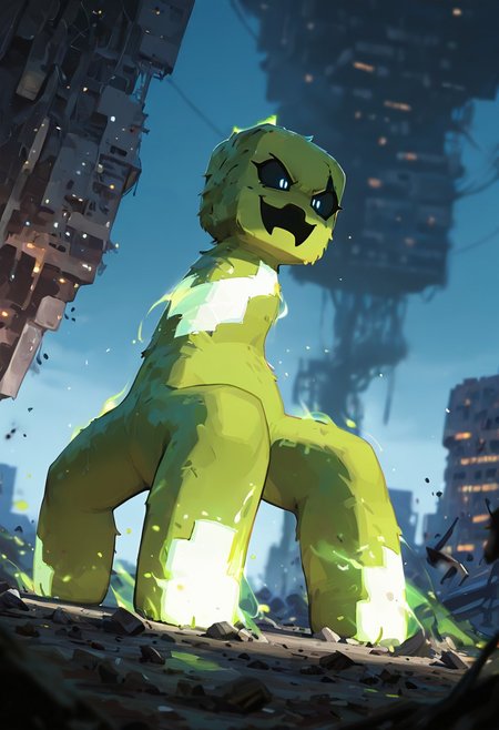 masterpiece, best quality, amazing quality, very aesthetic, absurdres, newest, , detailed background, 
 movie scene, cinematic scene, cinematic, foreground blur, depth of field, 
crpr, no humans, full body, pokemon (creature), open mouth, black sclera, black mouth, green skin
smile, angry, aura, white glowing skin, white patches, glowing patches, glowing skin patches, white skin patches, from below, destroyed city,