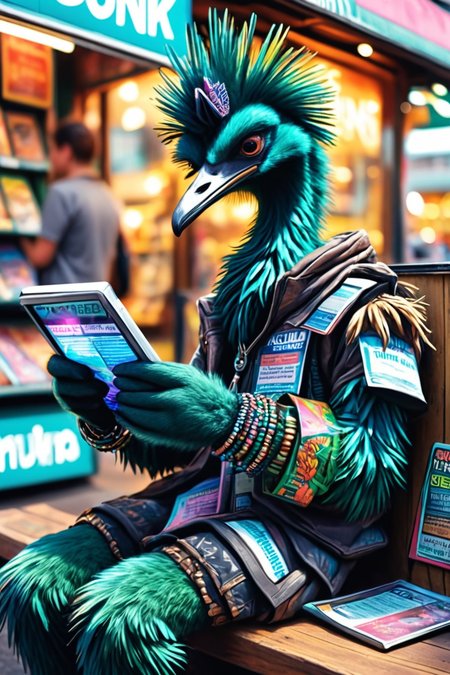 Detailed digital illustration of an anthro Emu (Resting on elbows, relaxed charm) at a Augmented reality newsstands with holographic headlines, <lora:xl_more_art-full_v1:0.5>,  <lora:anthro_muscular:0.7>,  <lora:MJ52:0.6>, <lora:madpunk:0.4> madpunk