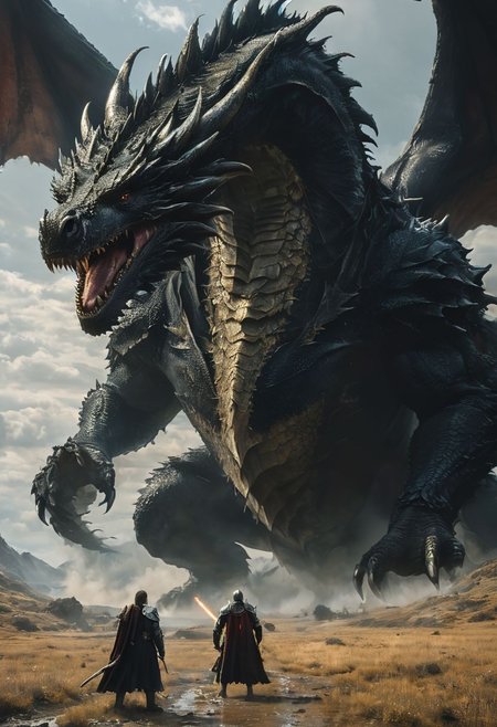 amazing quality, masterpiece, best quality, 8k, extremely detailed, ultra intricate details, UHD, perfect anatomy, (black dragon:1.5), portrait, dof, hyper-realism, majestic, (four heroes, 1Fighter 1druid 1ranger and 1wizard:1.4), awesome vista, inspiring, Capture the thrilling showdown between the four heroes and the colossal dragon boss , Bosstyle, the heroes on a muddly field look up as humongous black dragon swoops out of the sky towards them, cinematic still, dramatic composition, (realistic shadows, realistic lighting, realistic detailed textures:1.2), national geographic style
