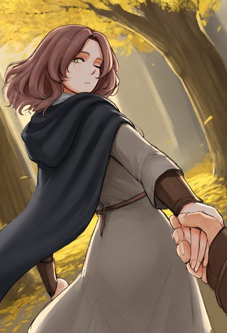 prnd2, (melina_(elden_ring):1.3), 1girl, black_cape, brown_hair, cape, closed_mouth, dress, erdtree_(elden_ring), facial_tattoo, fingernails, floating_hair, forehead, gauntlets, grey_dress, holding_hands, hood, hood_down, hooded_cape, leaf, long_sleeves, looking_at_viewer, one_eye_closed, outdoors, pov, pov_hands, reaching, looking_back, reaching_towards_viewer, holding_hands, short_hair, tattoo, tree, yellow_eyes, dynamic dutch angle, dramatic lighting, masterpiece, best quality, amazing quality, very aesthetic, 4k, official art, latest, <lora:ed5146b6-98d7-46f3-bf29-c75b9b87148e:0.9>