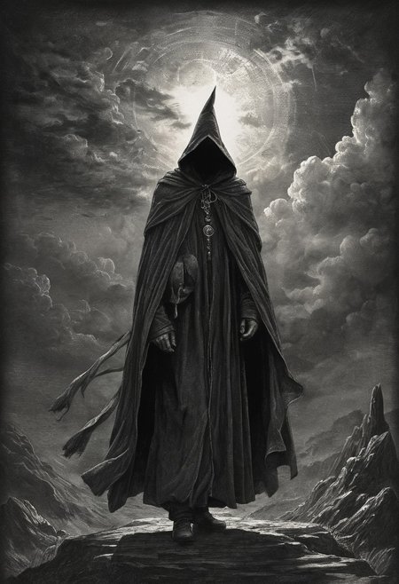 Misty morning, clouds in the sky
Without warning, a wizard walks by
Casting his shadow, weaving his spell
Long grey cloak, tinkling bell
partially covered in shadow, engraving
Mysterious. Dark. Night. Ominous. Highly detailed.