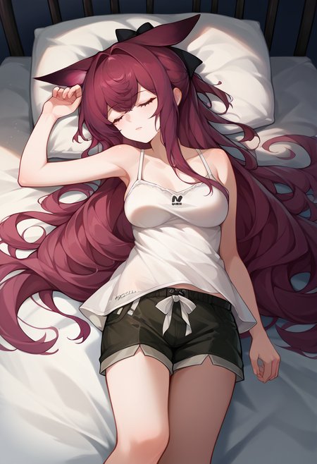 score_9, score_8_up, source_anime, 1girl, solo, RayArknights, animal ears, long hair, hair bow, sleepwear, camisole, shorts, on bed, night, <lora:ChamRayArknightsPonyXL:1>
