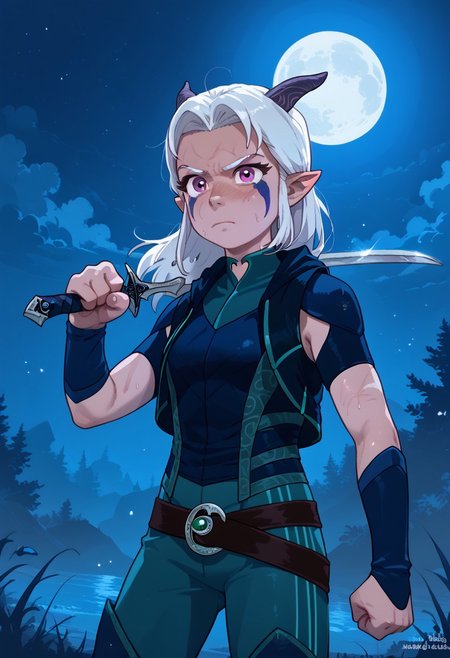 Score_9, Score_8, Score_7, possmach, 1girl, night time, cowboy shot, moon, mist, wiping face with fist, holding sword, RaySword, solo, Rayla, White Hair, Elf Ears, RayHorns, RayFacepaint, Colored Skin, Raybodysuit