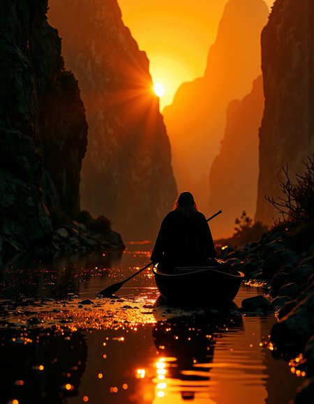 A highly detailed cinematic photography.
Boat, dripping, water, reflections, transparency, provoking, vivid color, Mordor: A dark and evil land ruled by the dark lord Sauron, Ernst Haas,  golden hour.