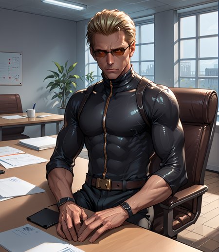 PonyScores7, source_anime, ah1, BREAK <lora:albertwesker-guy-PONYv1:0.8> albertwesker, albert wesker, 1boy, blonde, black gloves, (sunglasses:1.3), belt, black coat, black pants, looking at viewer, toned, athletic, fit, slicked back hair, black turtleneck, zipper, mature male, short hair, black boots, (werewolf cleanser, in enchanted gear with a silver spear and a heart of gold), (<lora:Meeting_Room:0.8> m33t1ng, meeting room, indoors, long table, chairs, window, office), ((Sleepy, Yawning droopy eyes glazed look suggesting drowsiness fatigue or sleepiness, expression)), (focused, intense glare), (reddish orange eyes, slit pupils), (angular face, sharp_featured face), handsome, charming, alluring, BREAK <lora:xl_more_art-full_v1:0.2>, <lora:shinyskin2:0.2> glistening skin, <lora:aesthetic_anime_v1s:0.2>, <lora:Expressive_H:0.2> Expressiveh, <lora:hairdetailpxl:0.2> hairdetailpxl, <lora:EpicF4nta5yXL:0.2>, <lora:detailxl:0.2> detailxl, <lora:Fant5yP0ny:0.2>, best quality, amazing quality, best aesthetic, absurdres, <lora:expressive eyes:0.2> expressive eyes, <lora:eyedetailpxl:0.2> eyedetailpxl, illustration, Volumetric_Lighting, ultra-detailed, very aesthetic, intricate details, 8k, masterpiece, best_quality, BREAK (Dutch Angle view medium Close shot (focus on knees)), BREAK <lora:Eyes_High_Definition:0.3> EyesHD, Stable_Yogis_PDXL_Positives, AS-Adult, <lora:Complicated fantasy portrait - XL Pony V2.0:0.4>, bad-hands-5, AS-MidAged,