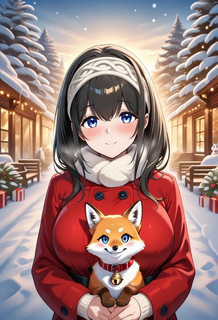 masterpiece, best quality, newest, absurdres, highres, anime,
fumika sagisawa, blue eyes, black hair, long hair, large breasts,
blush, smile,
winter clothes,
1girl, solo,
outdoors, winter,
Animal Christmas, cute animal, fox,
