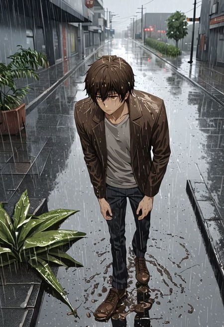 Highres, Masterpiece, High Quality, 4K, 8K, solo, 1Boy, Seiya Kanie, short dark brown hair, golden eyes, footpath, urban, wet, slippery, puddle, heavy rain, overcast, dark, drenched, weak, beaten, looking down, sad, wet hair, withered plants, easynegative, detailed_eye_model