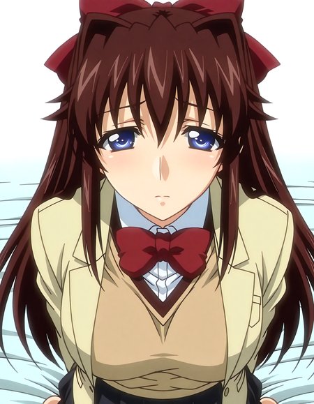 (1girl, solo:1.3), (2girls, 3girls, 4girls, multiple girls, 2boys, 3boys, 4boys, multiple boys:-1.5) <lora:Kuonji_Ningyo_Kojin_Jyugyou_-_Mippei_Suisou_Illustrious:0.9>, kuonji_ningyo, large breasts, blue eyes, brown hair, long hair, hair intakes, bangs, hair between eyes, long sidelocks, hair bow, hair ribbon, school uniform, blazer, long sleeves, brown vest, white shirt, red bow, open jacket, pleated skirt, black skirt, shy, (half-closed eyes:0.7), general, contrapposto, dynamic pose, arms behind back, upper body, from behind, pov, , (close-up, face focus:1.2), indoors, hotel room, double bed, on bed, lying, (white theme:1.3), window, tall window, ocean view, curtains, plant, potted plant, flower, (perspective:0.7), barefoot, <lora:NOOB_EPSv1_1_detailer_by_vlnvk_v1_0:1.5>, (photo background:0.7), evening, (tachibana yuu:0.6), inue shinsuke, (kazuma muramasa:0.0), saikawa yusa, (aoi manabu:0.6), abarerumidori, (suzui narumi:0.6), masterpiece, newest, absurdres, 8K, anime screenshot, anime coloring, flat color, official art, film grain, <lora:illustriousXLv01_stabilizer_v1.185c:0.7>, <lora:LECO_Solo:-4.0>,