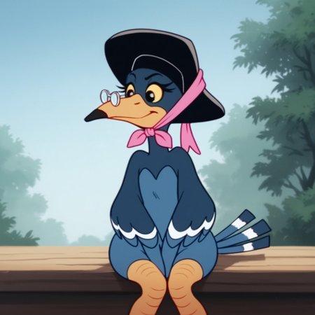 score_9, score_8_up, score_7_up, score_6_up, score_5_up, score_4_up, source_furry, Magpiebbv2, semi-anthro, female, bird, blue feathers, yellow beak, hat, glasses, black eyes, yellow sclera, sitting, arms between legs