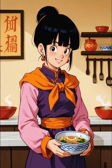 zPDXL3,  <lora:chichi_pony_v2:.5>,
chi-chi, bangs, black hair, sidelocks, hair bun, black eyes, single hair bun, earrings, orange neckerchief, purple dress, pink sleeves, looking at viewer, smiling, mouth open, standing, inside kitchen, holding bowl of soup, ramen, steam, soft lighting,