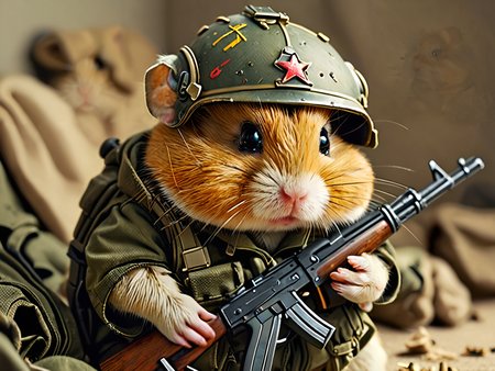 hamster packing an ak47 and wearing army helmet and jacket  <lora:add-detail-xl:1> <lora:MJ52:0.6>