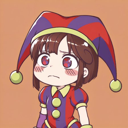 score_9, score_8_up,score_7_up,score_6_up, source_anime, chibi, frown, worried, pomni, 1girl, colored skin, blush stickers, jester cap, striped clothes, puffy short sleeves, mismatched gloves, puffy shorts, circus background