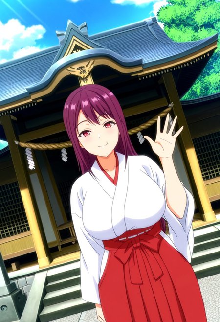 general,highres, ultra-detailed,very aesthetic,best quality ,best hands,best eyes,easynegative,
dynamic angle, dutch angle, anime cloring,anime screencap,
1girl solo,looking at viewer,shrine,outdoors, smile, standing, waving hand ,
 Shizuka,purple hair, long_hair, red eyes, huge_breasts,miko costume,