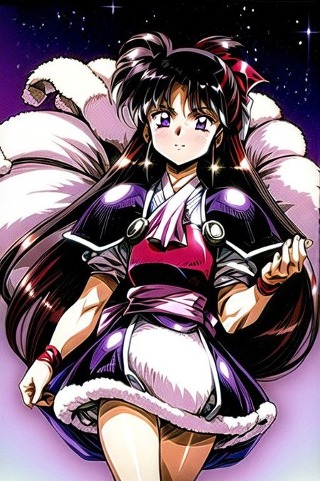best quality 1girl Setsun4 solo long hair,  (night time) forest background black hair very long hair purple eyes multicolored hair armor, small, (fur trim) (medium body),<lora:EMS-179-EMS:0.800000>,<lora:EMS-293862-EMS:0.800000> bow, hair_bow, hair_tubes, red_bow, brown_hair, long_hair, bangs, ascot, frilled_bow, yellow_ascot, blush, smile, hair_between_eyes, athletic, armor, miko, strengthmda,  Smiling, happy, helmet