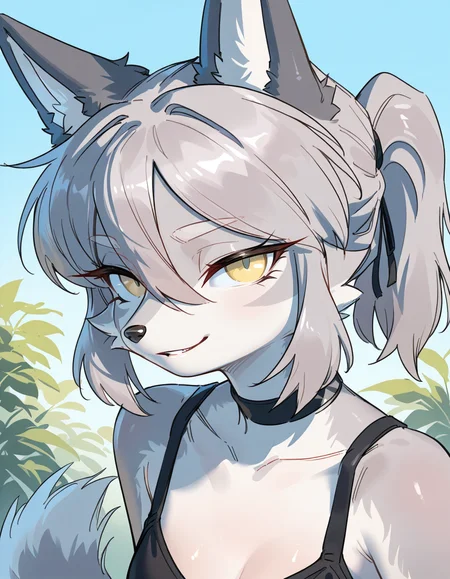 masterpiece, best quality, very aesthetic, absurdres,
outdoors, 
upper body,
seductive smile, parted lips, long eyelashes,
<lora:Seraya_v01_NAIXL:1>
S3ray4,1girl,solo,furry,furry female,wolf girl,wolf ears,short hair,grey hair,ponytail,hair between eyes,long sidelocks,yellow eyes,snout,animal nose,choker,body fur,two-tone fur,grey fur,white fur,wolf tail,