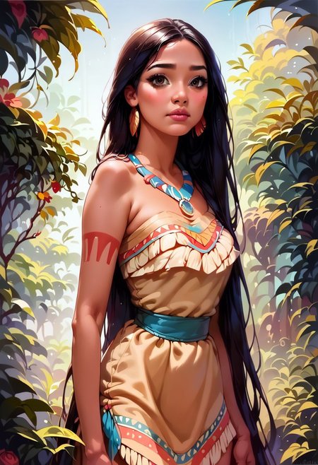 score_9, score_8_up, score_7_up, score_6_up, score_9, score_8_up, score_8, 
(best quality:1.1), (masterpiece:1.2), (realistic:1.2), (detailed:1.1), (highres, best quality:1.2), 
{1girl, Pocahontas, Native American girl, black long hair, tribal, dress, Native American clothes, native american dress, eyelashes, cute, ((18 years old)), Slim girl, narrow waist, skinny, petite, (curvy), small arms, small legs,}
 pretty girl with long hair, eye contact, looking at viewer, source_anime, traditional art, lineart, rating_safe, curvy